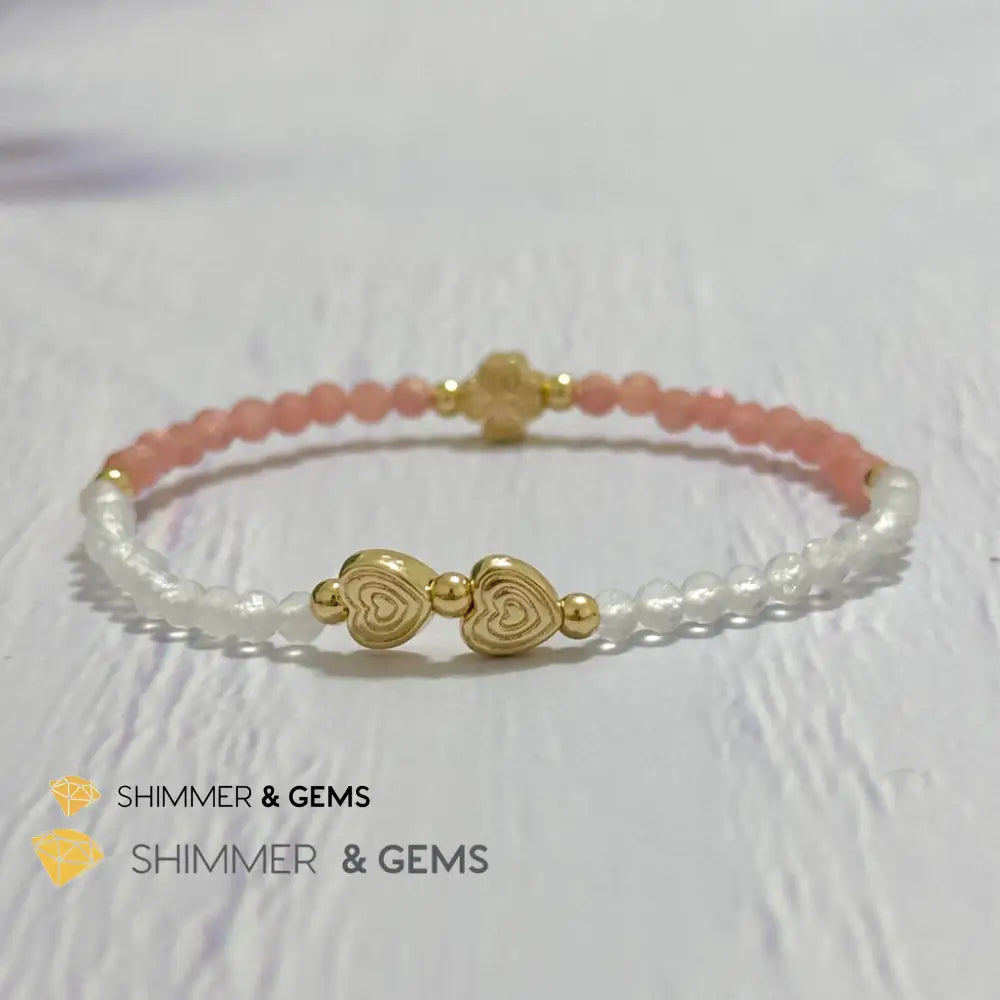Self Love Lucky Bracelet (Moonstone & Rhodochrosite 4mm Faceted with 14k Gold Plated Ingot & Clover Charms) 5.5”