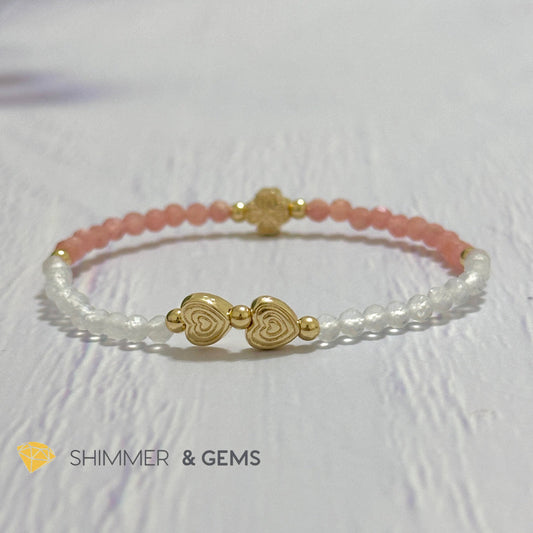 Self Love Lucky Bracelet (Moonstone & Rhodochrosite 4mm Faceted with 14k Gold Plated Ingot & Clover Charms)