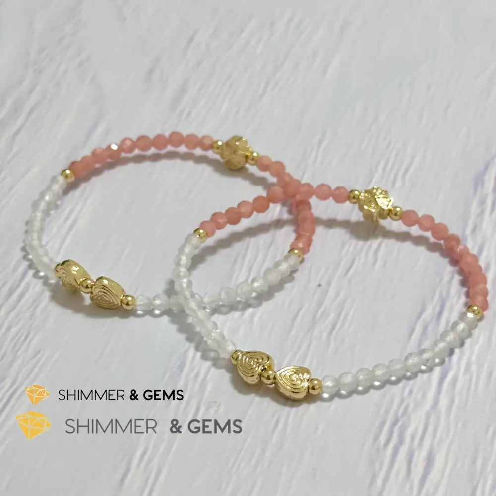 Self Love Lucky Bracelet (Moonstone & Rhodochrosite 4mm Faceted with 14k Gold Plated Ingot & Clover Charms)