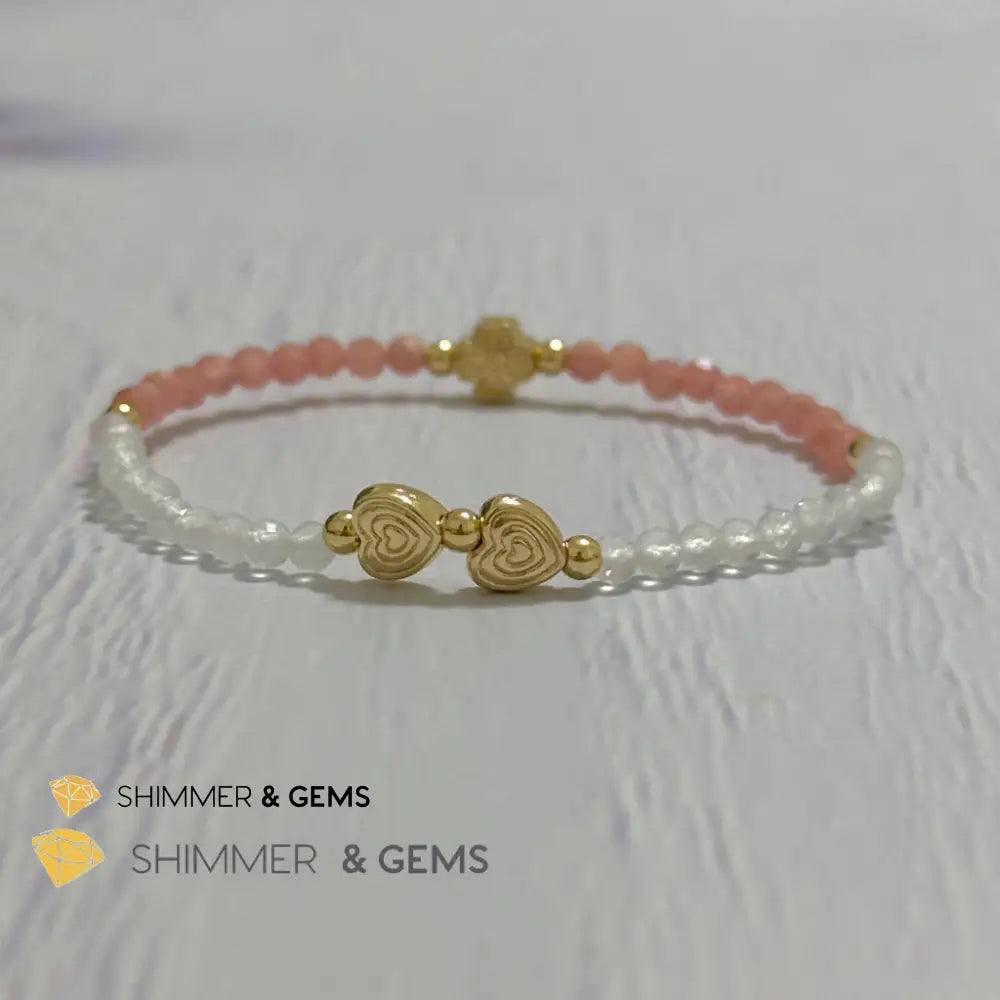 Self Love Lucky Bracelet (Moonstone & Rhodochrosite 4mm Faceted with 14k Gold Plated Ingot & Clover Charms)
