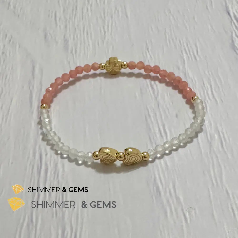 Self Love Lucky Bracelet (Moonstone & Rhodochrosite 4mm Faceted with 14k Gold Plated Ingot & Clover Charms)