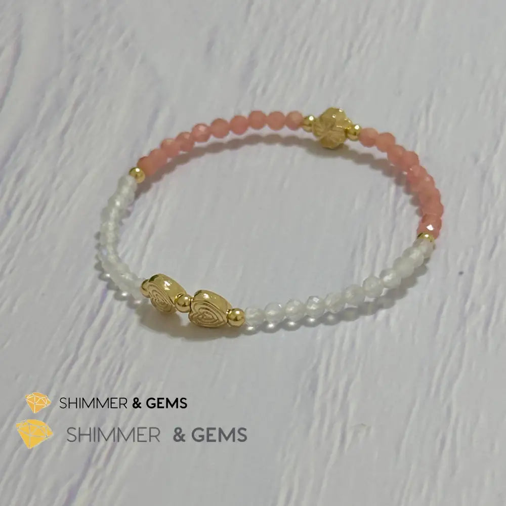 Self Love Lucky Bracelet (Moonstone & Rhodochrosite 4mm Faceted with 14k Gold Plated Ingot & Clover Charms)