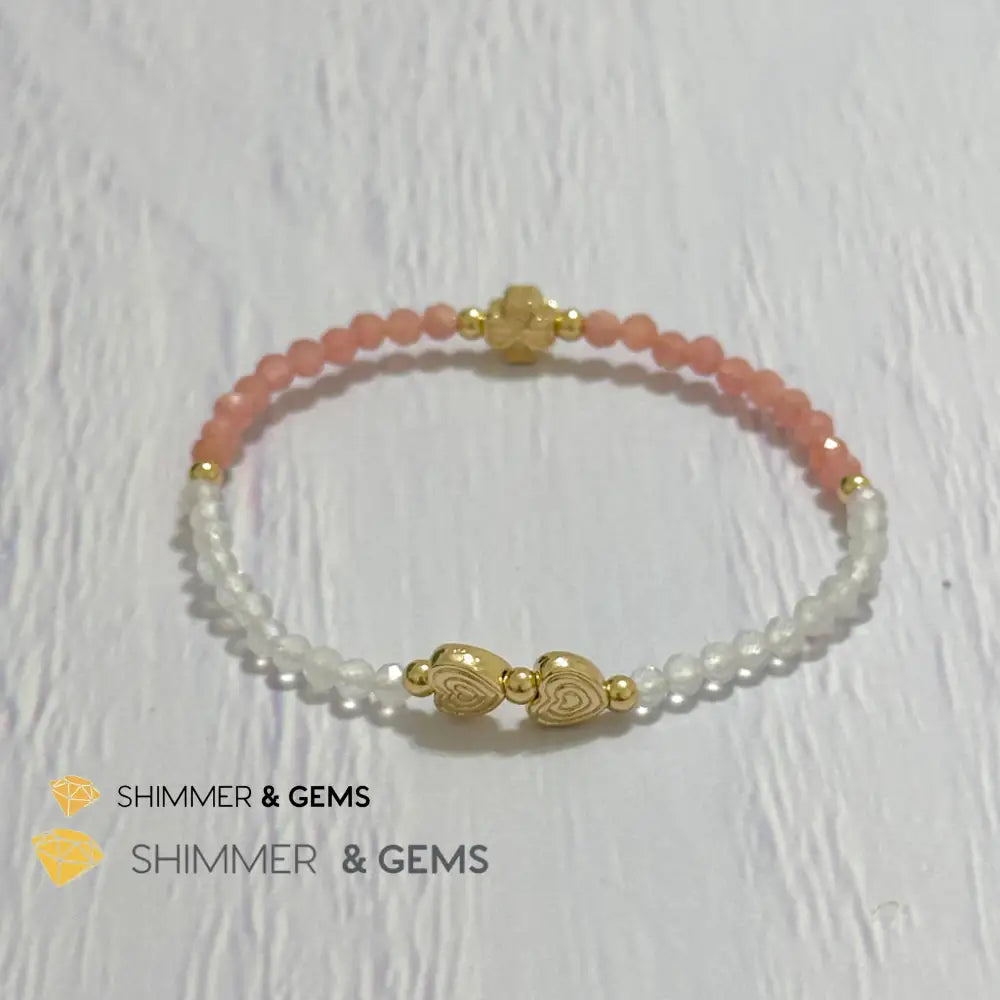 Self Love Lucky Bracelet (Moonstone & Rhodochrosite 4mm Faceted with 14k Gold Plated Ingot & Clover Charms)