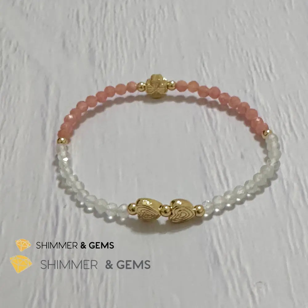 Self Love Lucky Bracelet (Moonstone & Rhodochrosite 4mm Faceted with 14k Gold Plated Ingot & Clover Charms)