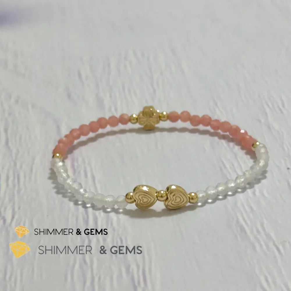Self Love Lucky Bracelet (Moonstone & Rhodochrosite 4mm Faceted with 14k Gold Plated Ingot & Clover Charms)