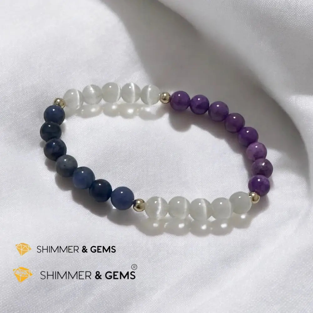 Serenity Flow Alchemy Bracelet (Stress Release) Blue Sodalite Purple Mica Selenite (6mm) with 14K Gold-Filled Beads