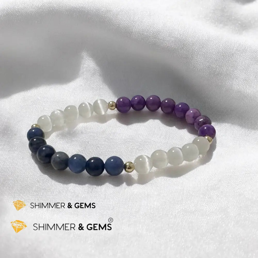 Serenity Flow Alchemy Bracelet (Stress Release) Blue Sodalite Purple Mica Selenite (6mm) with 14K Gold-Filled Beads