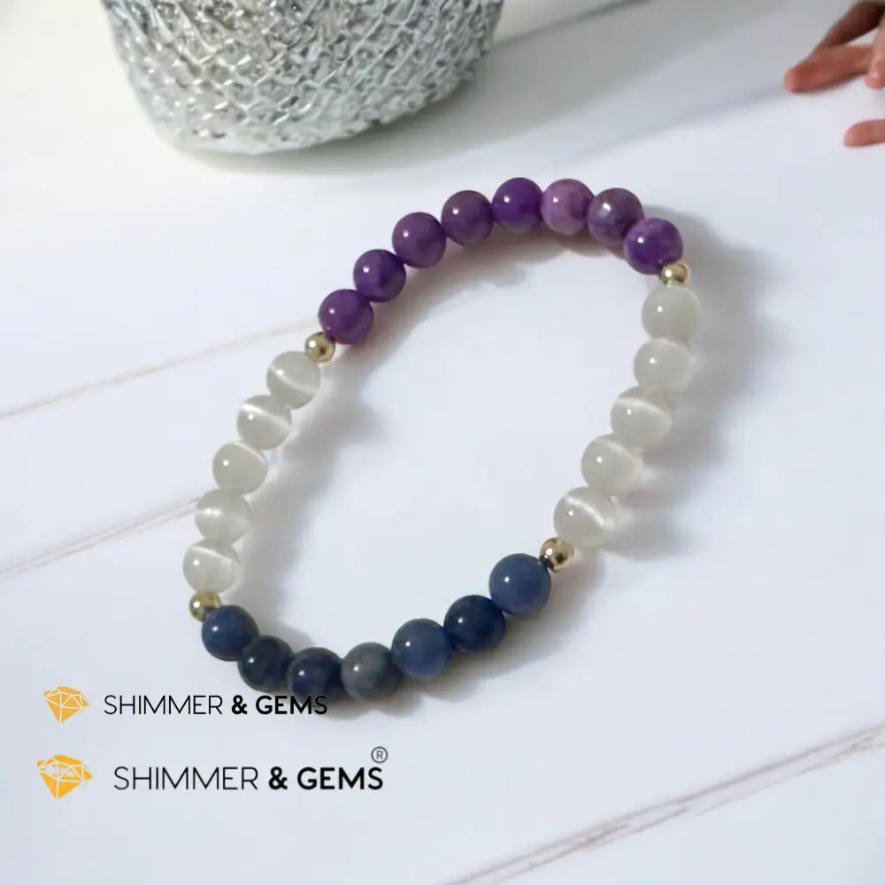 Serenity Flow Alchemy Bracelet (Stress Release) Blue Sodalite Purple Mica Selenite (6mm) with 14K Gold-Filled Beads