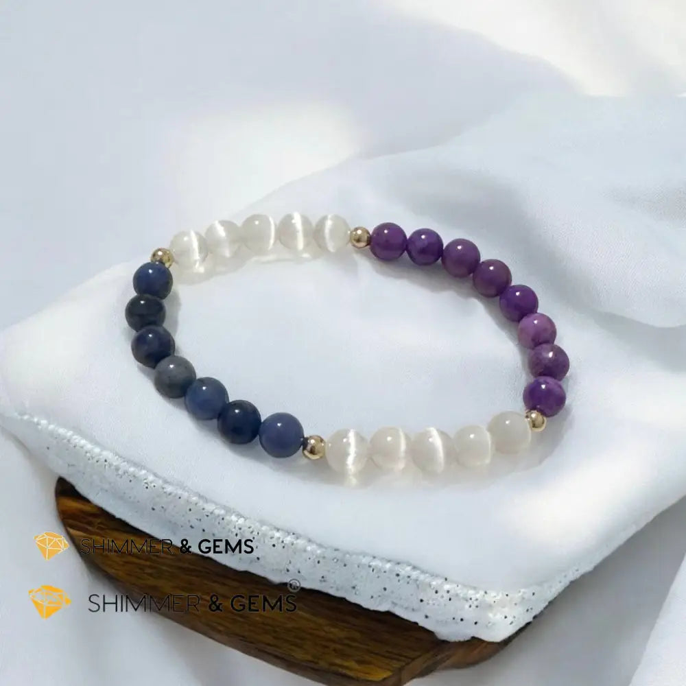 Serenity Flow Alchemy Bracelet (Stress Release) Blue Sodalite Purple Mica Selenite (6mm) with 14K Gold-Filled Beads