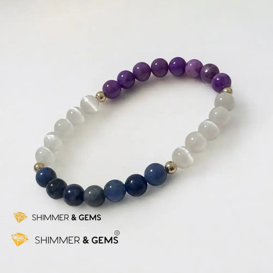 Serenity Flow Alchemy Bracelet (Stress Release) Blue Sodalite Purple Mica Selenite (6mm) with 14K Gold-Filled Beads 6’’