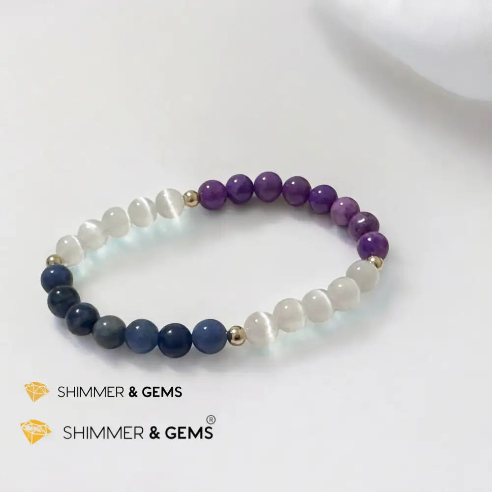 Serenity Flow Alchemy Bracelet (Stress Release) Blue Sodalite Purple Mica Selenite (6mm) with 14K Gold-Filled Beads