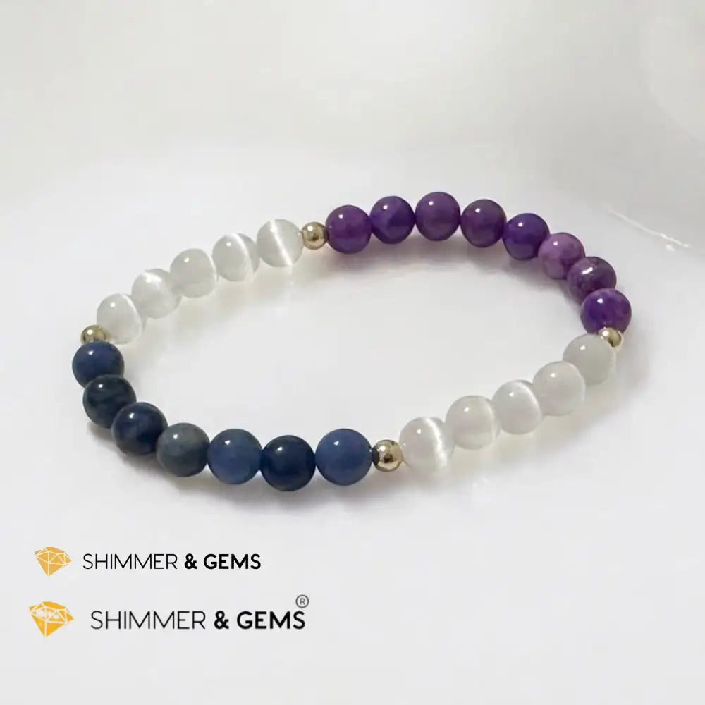 Serenity Flow Alchemy Bracelet (Stress Release) Blue Sodalite Purple Mica Selenite (6mm) with 14K Gold-Filled Beads