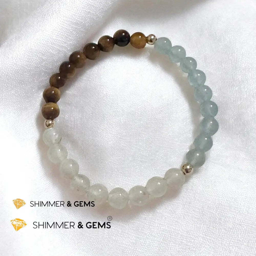 Smooth Journey Alchemy Bracelet (Protection Flow & Ease in Travel) 6mm Aquamarine Tiger’s Eye & Moonstone with 14K