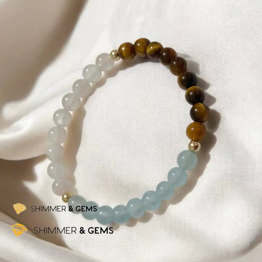 Smooth Journey Alchemy Bracelet (Protection Flow & Ease in Travel) 6mm Aquamarine Tiger’s Eye & Moonstone with 14K