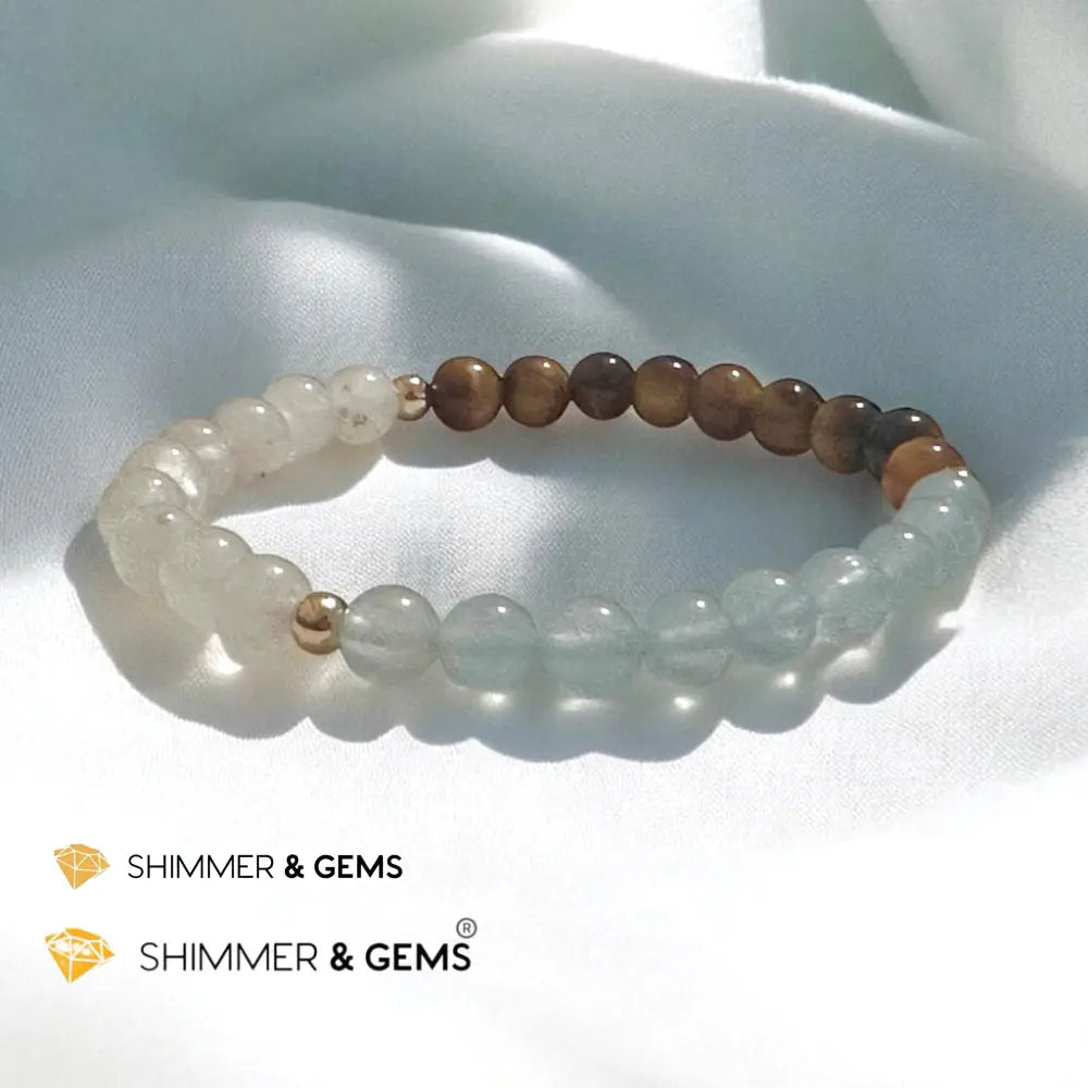 Smooth Journey Alchemy Bracelet (Protection Flow & Ease in Travel) 6mm Aquamarine Tiger’s Eye & Moonstone with 14K
