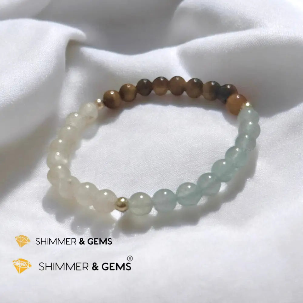 Smooth Journey Alchemy Bracelet (Protection Flow & Ease in Travel) 6mm Aquamarine Tiger’s Eye & Moonstone with 14K