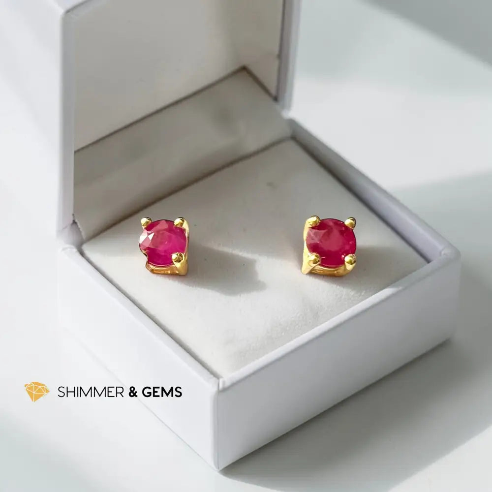 Solitaire Ruby Round Earrings Gold Plated 925 Silver 4mm (Soul-Led Success) per pair Earrings