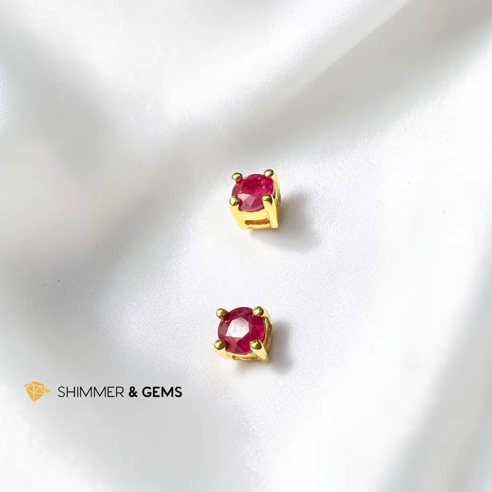 Solitaire Ruby Round Earrings Gold Plated 925 Silver 4mm (Soul-Led Success) per pair Earrings