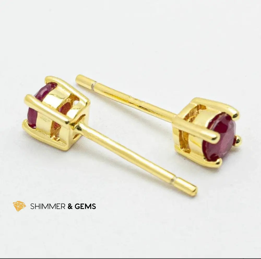 Solitaire Ruby Round Earrings Gold Plated 925 Silver 4mm (Soul-Led Success) per pair Earrings