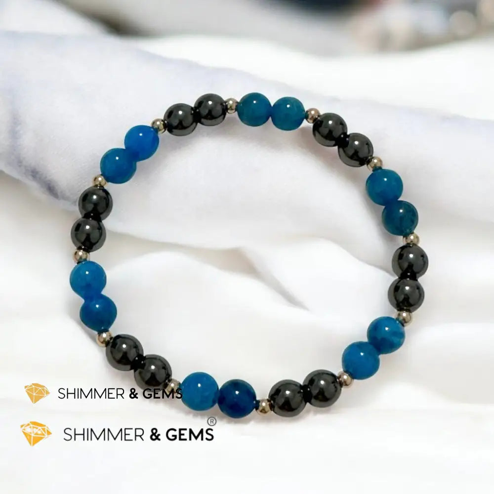 Stamina Booster Alchemy Bracelet (6mm Blue Apatite Hematite & 14k gold filled beads)- Energy Endurance 5.5” Bracelets