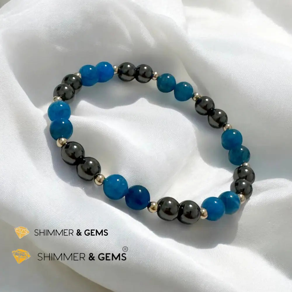 Stamina Booster Alchemy Bracelet (6mm Blue Apatite Hematite & 14k gold filled beads)- Energy Endurance 6.5” Bracelets