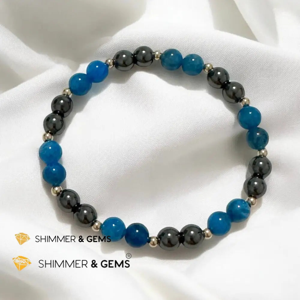 Stamina Booster Alchemy Bracelet (6mm Blue Apatite Hematite & 14k gold filled beads)- Energy Endurance 6” Bracelets