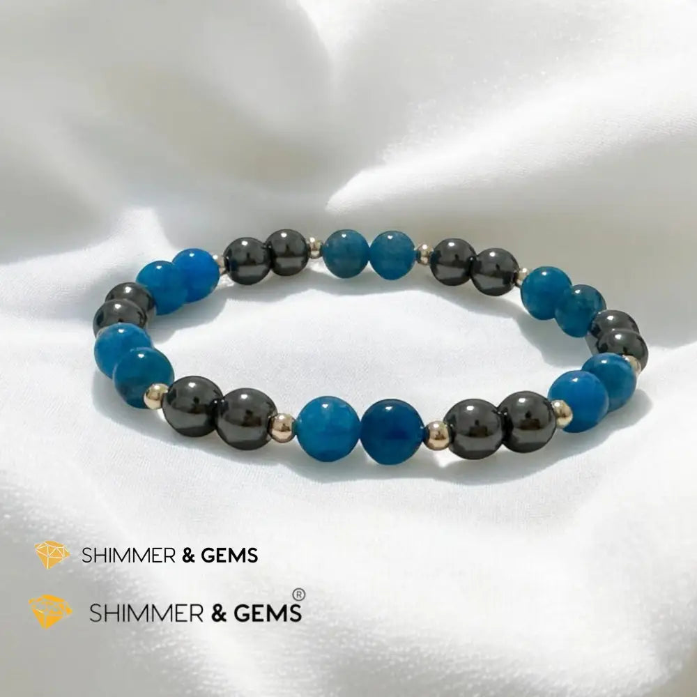 Stamina Booster Alchemy Bracelet (6mm Blue Apatite Hematite & 14k gold filled beads)- Energy Endurance 7” Bracelets