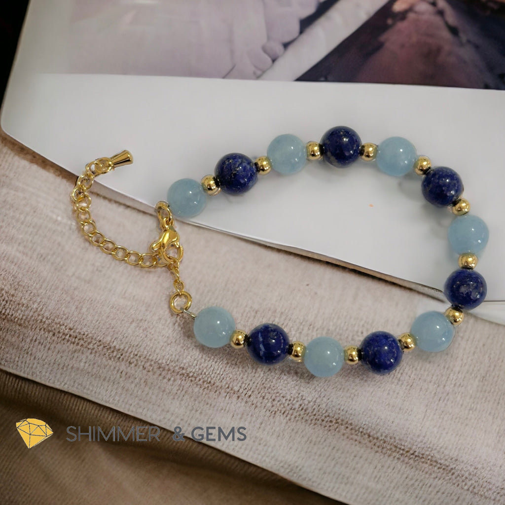 Stress Release 8mm Bracelet (Aquamarine & Lapis Lazuli) with stainless steel beads & chain