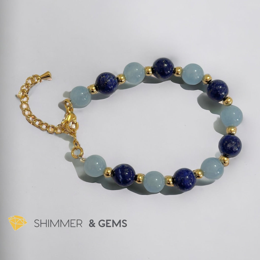 Stress Release 8mm Bracelet (Aquamarine & Lapis Lazuli) with stainless steel beads & chain