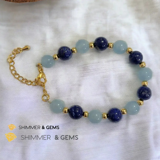 Stress Release 8mm Bracelet (Aquamarine & Lapis Lazuli) with stainless steel beads & chain Adjustable Size (5.5”-7”)