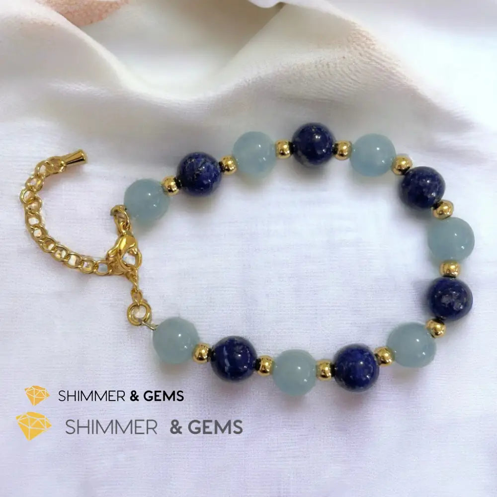Stress Release 8mm Bracelet (Aquamarine & Lapis Lazuli) with stainless steel beads & chain Adjustable Size (5.5”-7”)