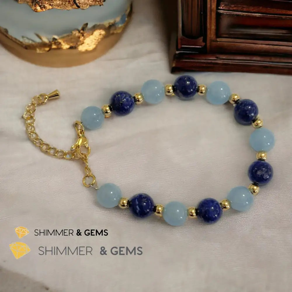Stress Release 8mm Bracelet (Aquamarine & Lapis Lazuli) with stainless steel beads & chain Adjustable Size (5.5”-7”)