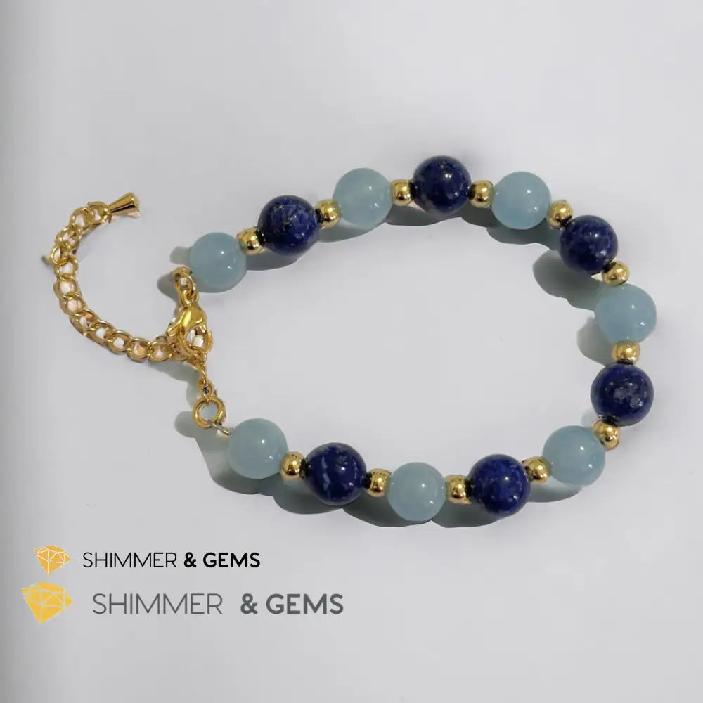 Stress Release 8mm Bracelet (Aquamarine & Lapis Lazuli) with stainless steel beads & chain Adjustable Size (5.5”-7”)