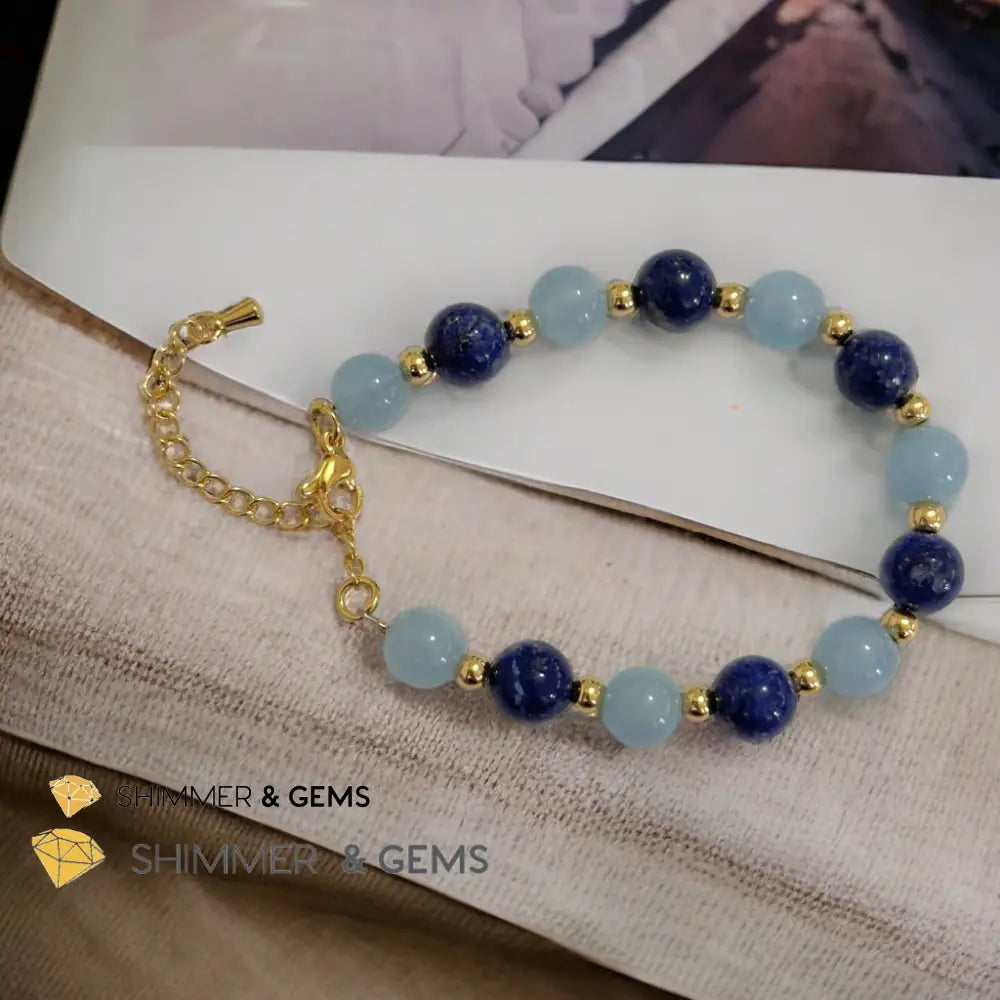 Stress Release 8mm Bracelet (Aquamarine & Lapis Lazuli) with stainless steel beads & chain Adjustable Size (5.5”-7”)