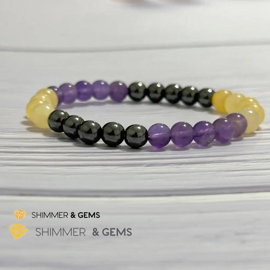 Study & Exams Remedy Bracelet (Hematite Calcite Amethyst 6mm) 5.5”