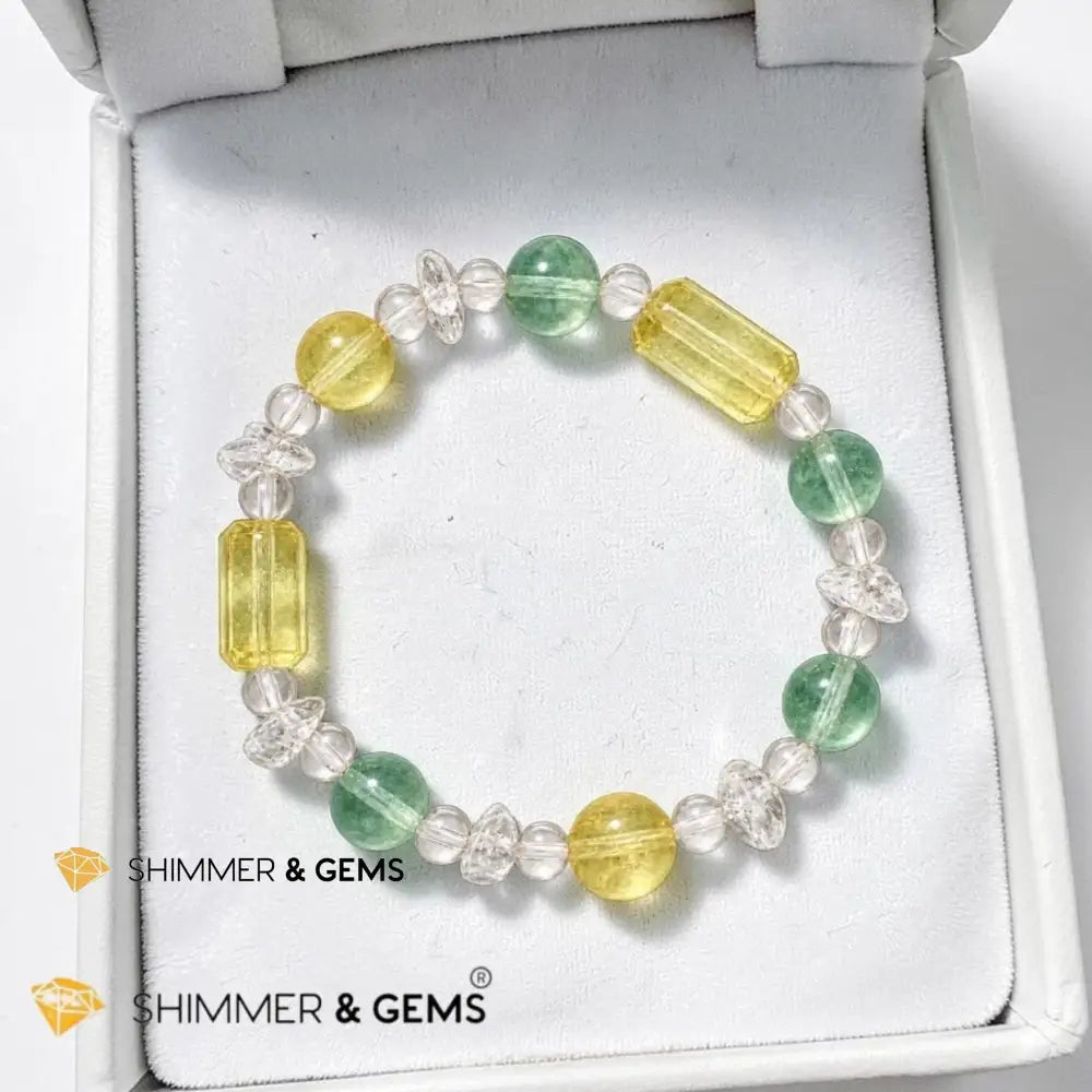 Study & Focus Bracelet (Green & Yellow Fluorite Clear Quartz) - 6.0”
