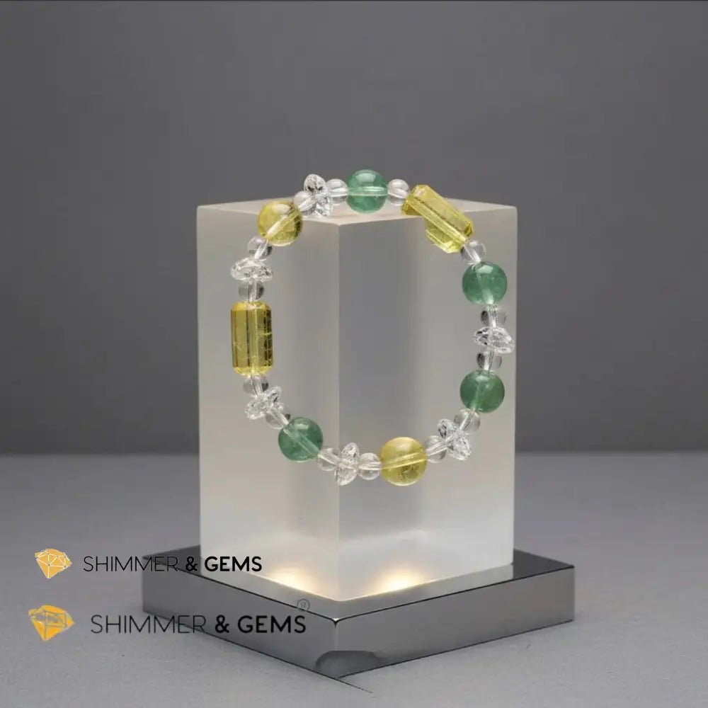 Study & Focus Bracelet (Green & Yellow Fluorite Clear Quartz) - 6.0”