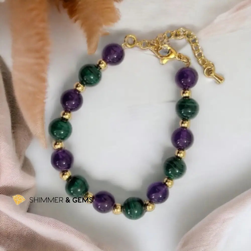 Success Vibes 8mm Bracelet with stainless steel beads and chain (Malachite & Amethyst) Adjustable size (5.5”-7”)