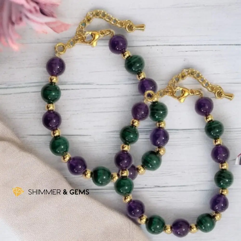 Success Vibes 8mm Bracelet with stainless steel beads and chain (Malachite & Amethyst) Adjustable size (5.5”-7”)