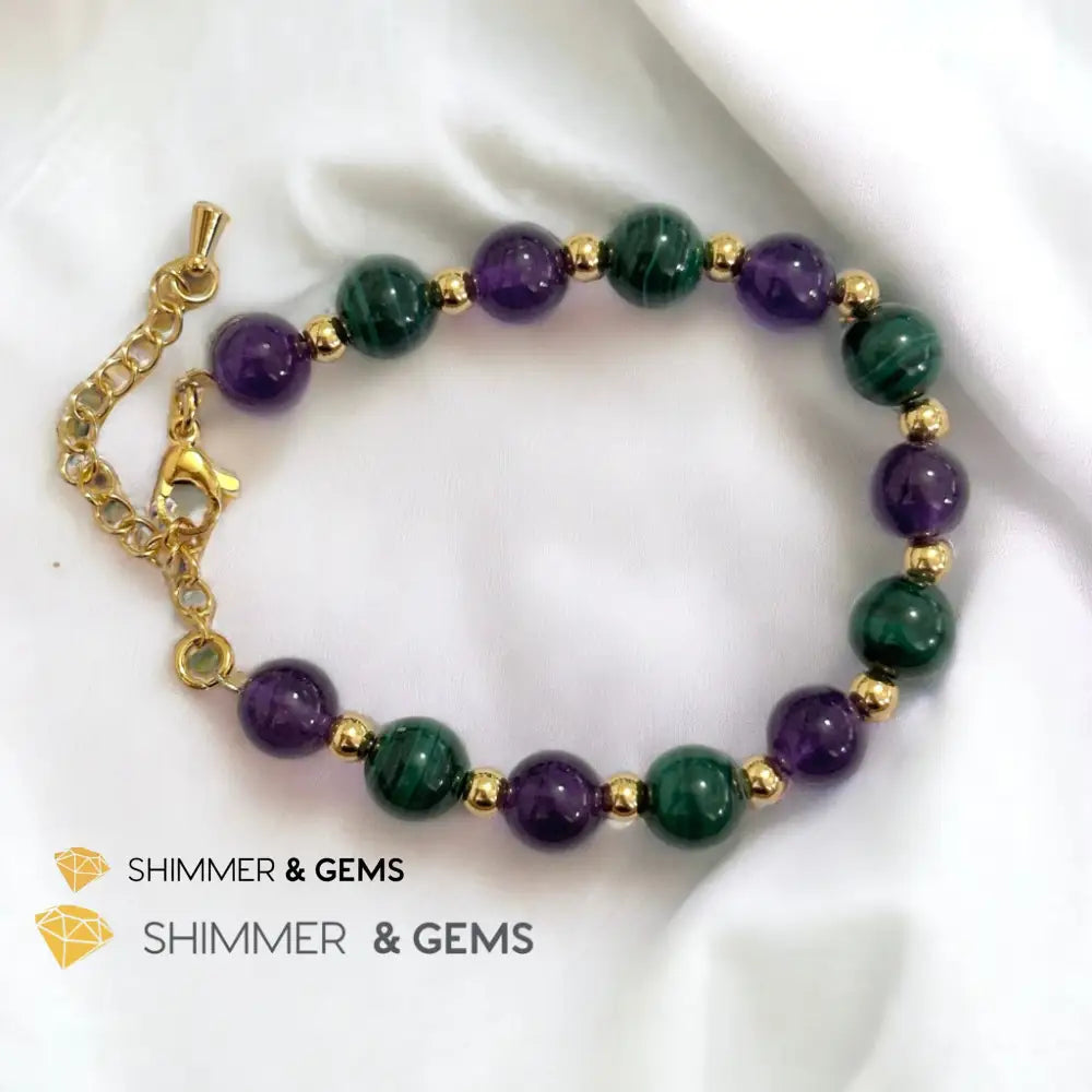 Success Vibes 8mm Bracelet with stainless steel beads and chain (Malachite & Amethyst) Adjustable size (5.5”-7”)