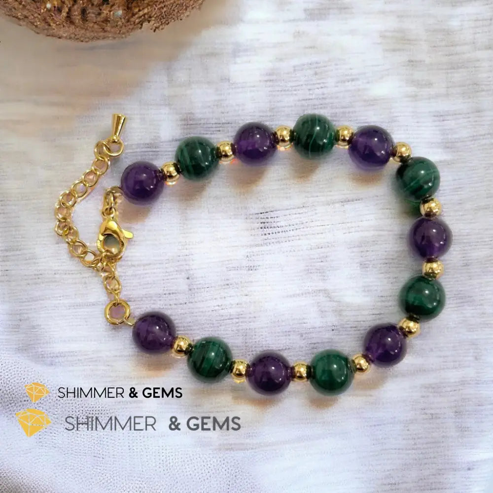 Success Vibes 8mm Bracelet with stainless steel beads and chain (Malachite & Amethyst) Adjustable size (5.5”-7”)