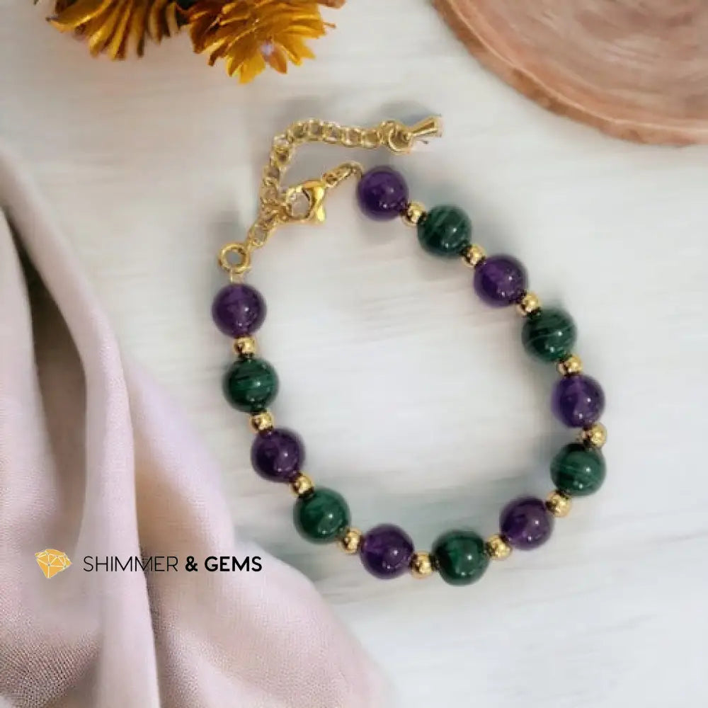Success Vibes 8mm Bracelet with stainless steel beads and chain (Malachite & Amethyst) Adjustable size (5.5”-7”)
