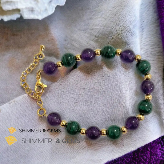 Success Vibes 8mm Bracelet with stainless steel beads and chain (Malachite & Amethyst) Adjustable size (5.5”-7”)