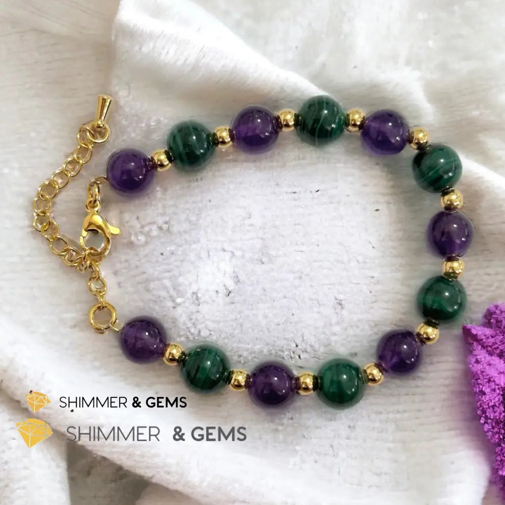 Success Vibes 8mm Bracelet with stainless steel beads and chain (Malachite & Amethyst) Adjustable size (5.5”-7”)