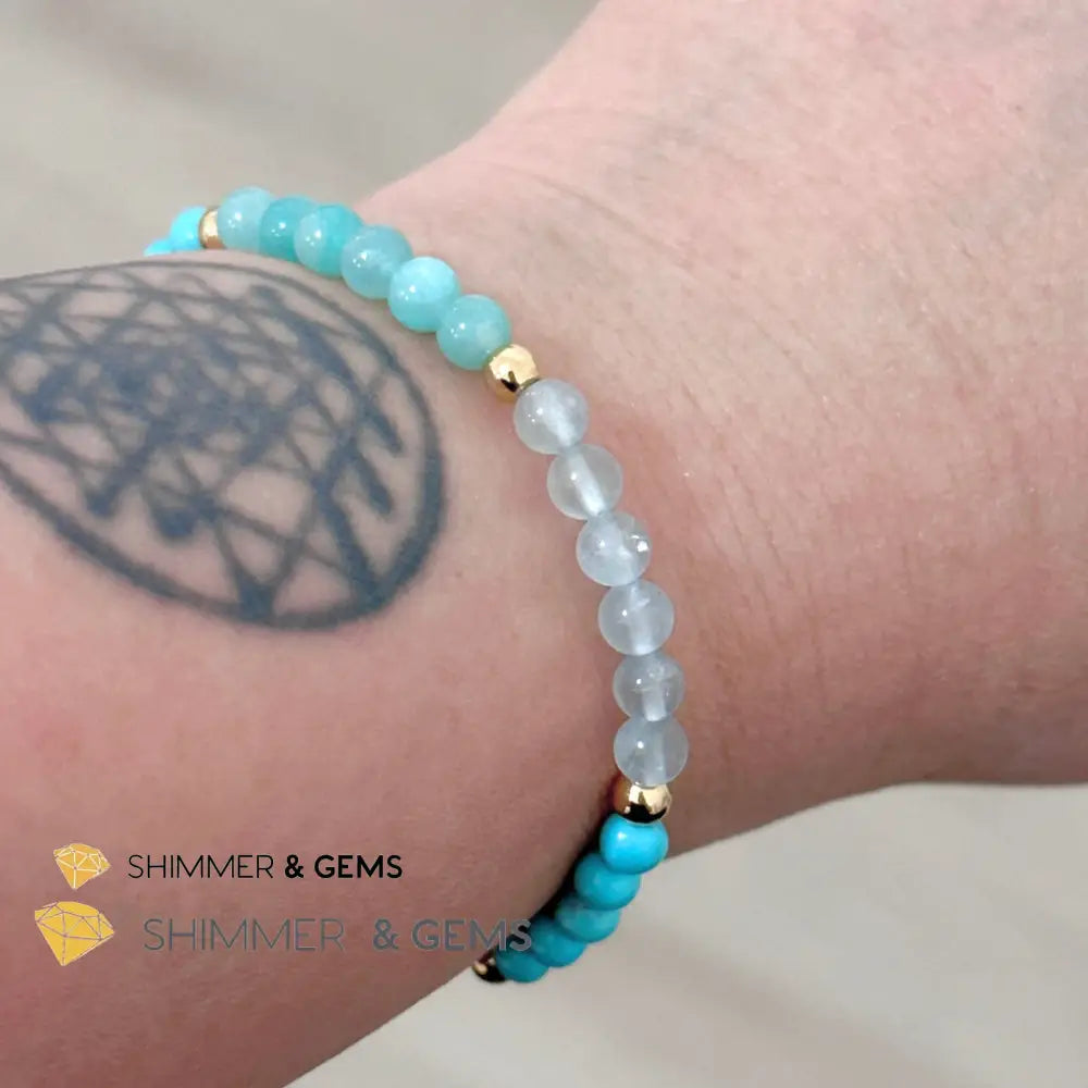 Throat Chakra Communication Remedy Bracelet 4mm with stainless steel beads (Turquoise Amazonite & Aquamarine)