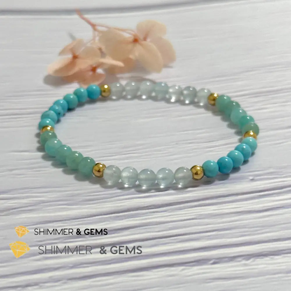 Throat Chakra Communication Remedy Bracelet 4mm with stainless steel beads (Turquoise Amazonite & Aquamarine)
