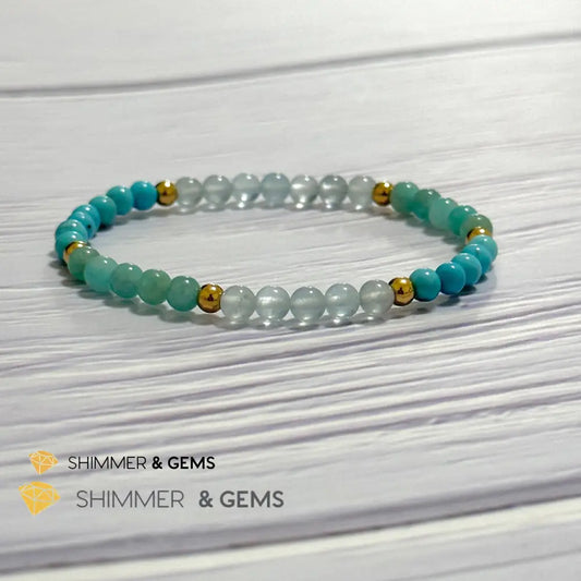 Throat Chakra Communication Remedy Bracelet 4mm with stainless steel beads (Turquoise Amazonite & Aquamarine) 5.5”