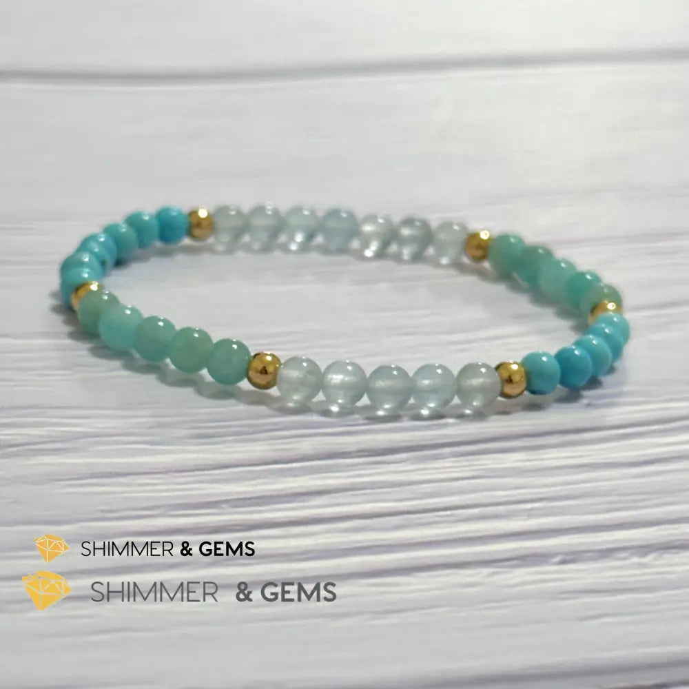 Throat Chakra Communication Remedy Bracelet 4mm with stainless steel beads (Turquoise Amazonite & Aquamarine)