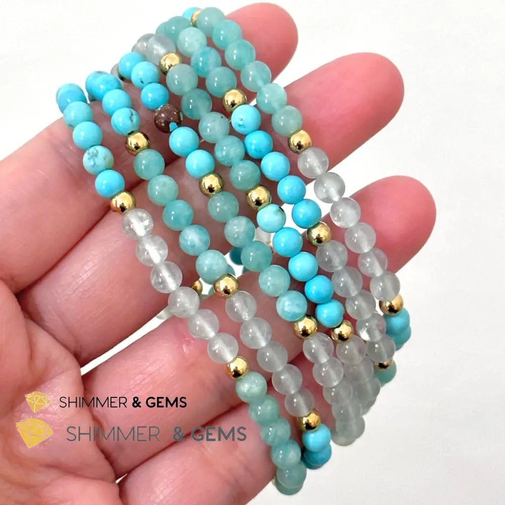 Throat Chakra Communication Remedy Bracelet 4mm with stainless steel beads (Turquoise Amazonite & Aquamarine)