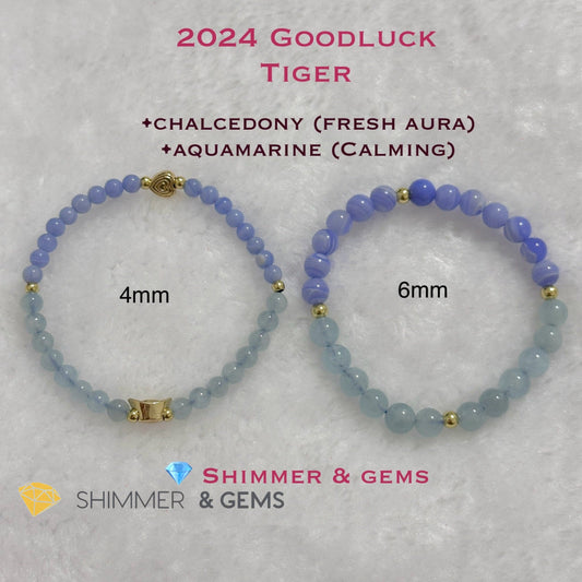 Tiger Animal Zodiac 2024 Goodluck Bracelet (Chalcedony & Aquamarine) Feng Shui